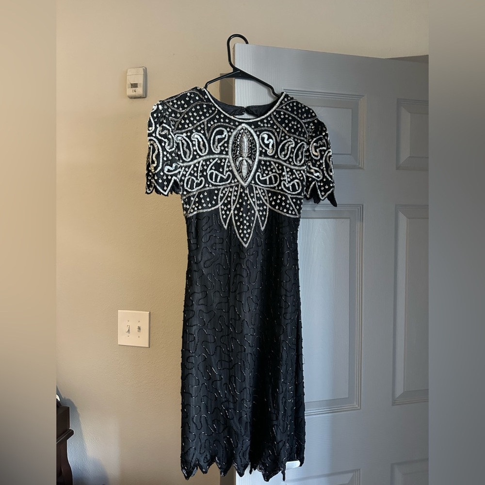 Vintage designer Champ Ellyse black beaded sequin dress with 80s vibes